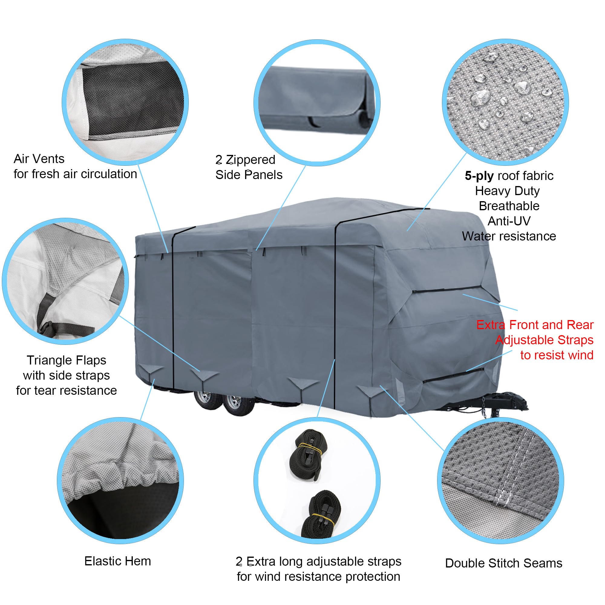 GEARFLAG Travel Trailer RV Cover fits 22' -24' Reinforced Windproof Side-Straps Anti-UV Water-Resistance Multi-Layers Heavy Duty